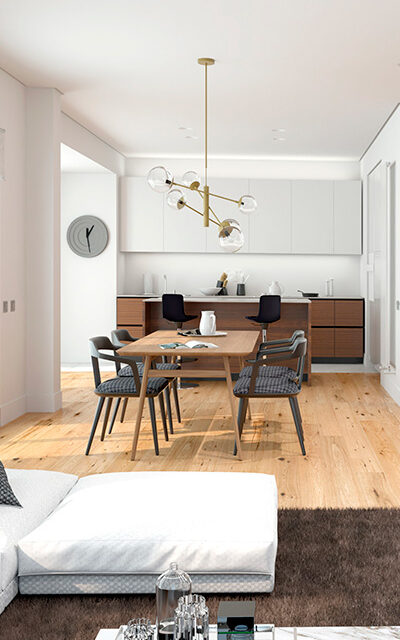 Interior dormitorio. Acabados blancos y madera. Telas grises.