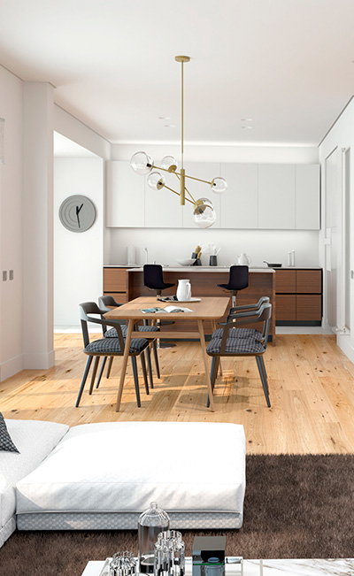 Interior dormitorio. Acabados blancos y madera. Telas grises.