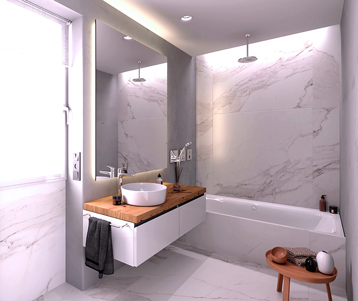 Interior baño. Acabados blancos y madera.