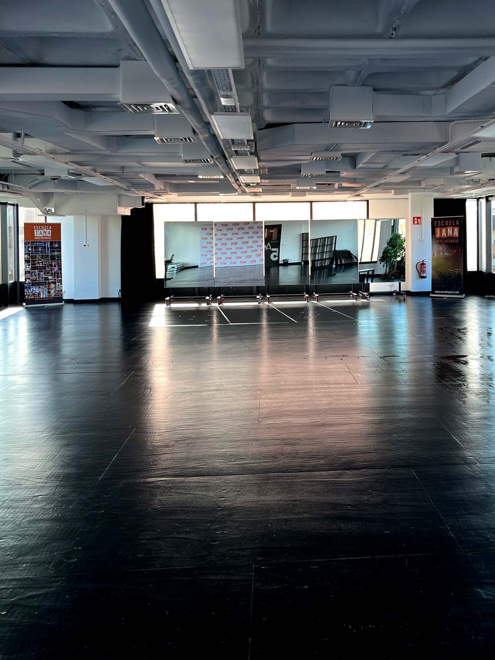 Interior sala con espejos traseros y suelo negro.