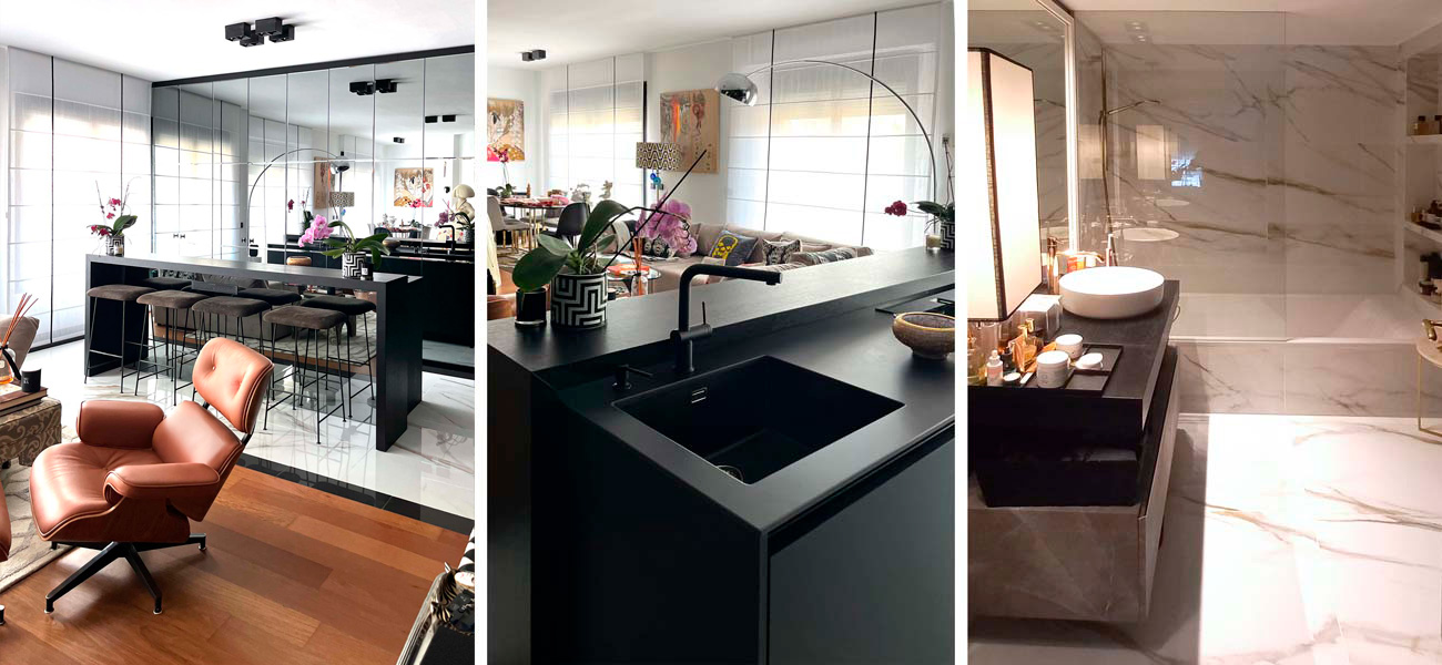 Composición de tres vistas, salón, cocina y baño.