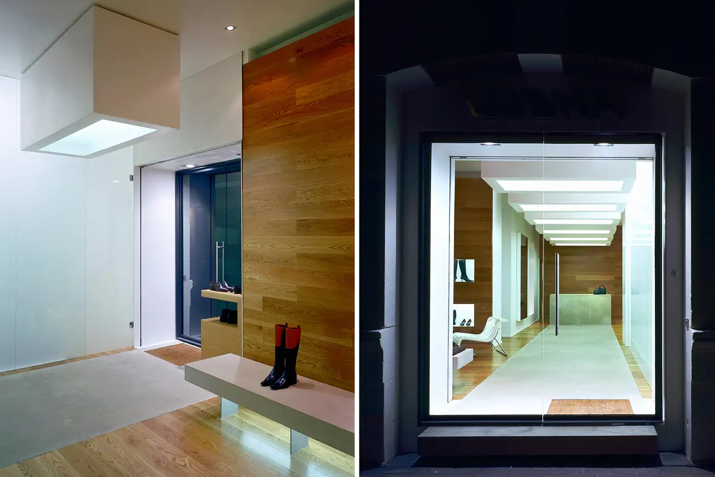 Composición de dos vistas, frontal y tres cuartos. Interior zapatería, decoración minimalista, suelo de madera. Tonos crema suave.