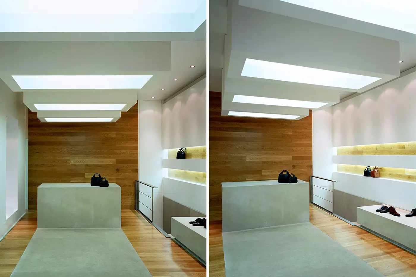 Composición de dos vistas, frontal y tres cuartos. Interior zapatería, decoración minimalista, suelo de madera. Tonos crema suave.