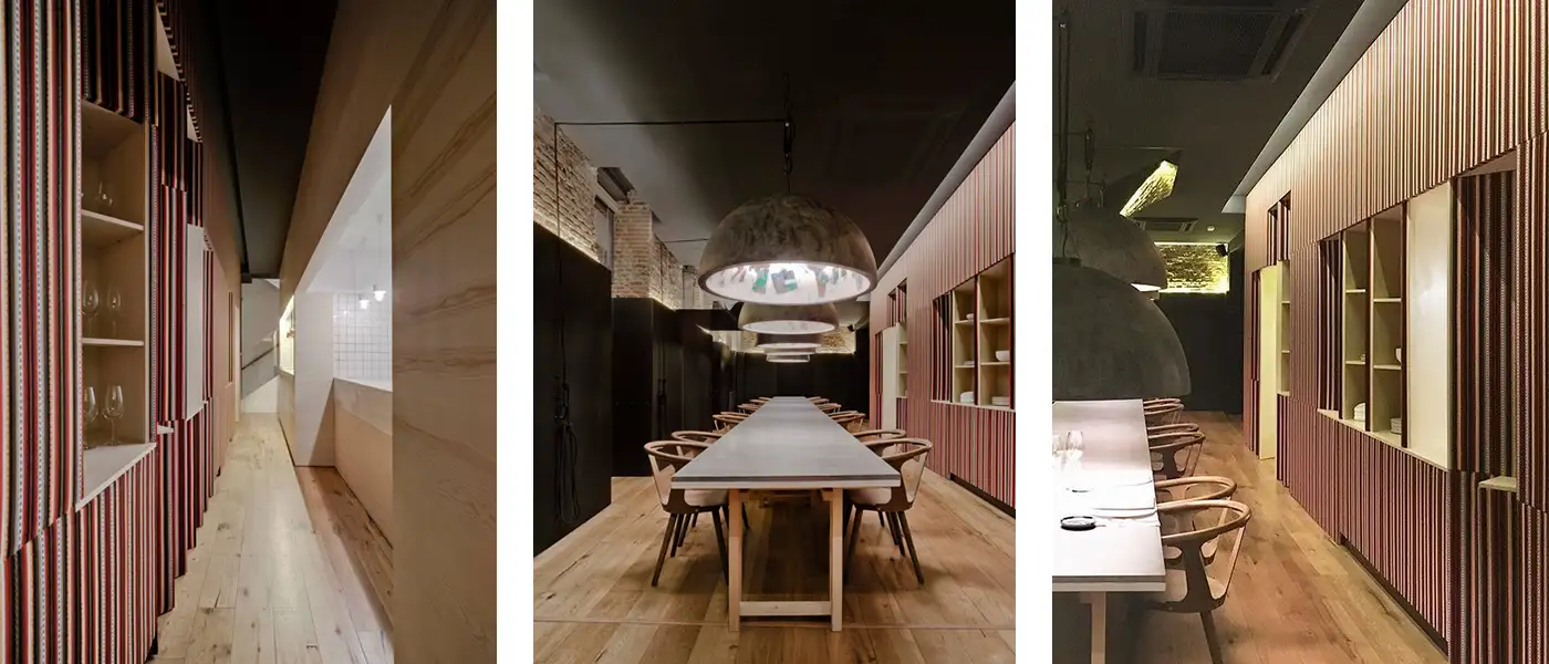 Planta sótano de un restaurante. Tres imágenes detalle de una una larga mesa en una estancia alargada con suelo de madera y paredes de ladrillo visto.