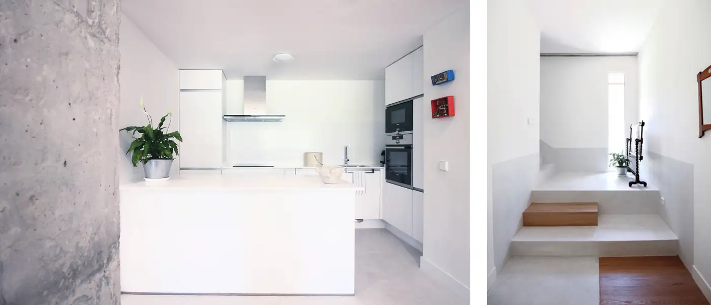 Dos imágenes, interior de vivienda. Vista de escalera en tonos claros con detalles en madera.