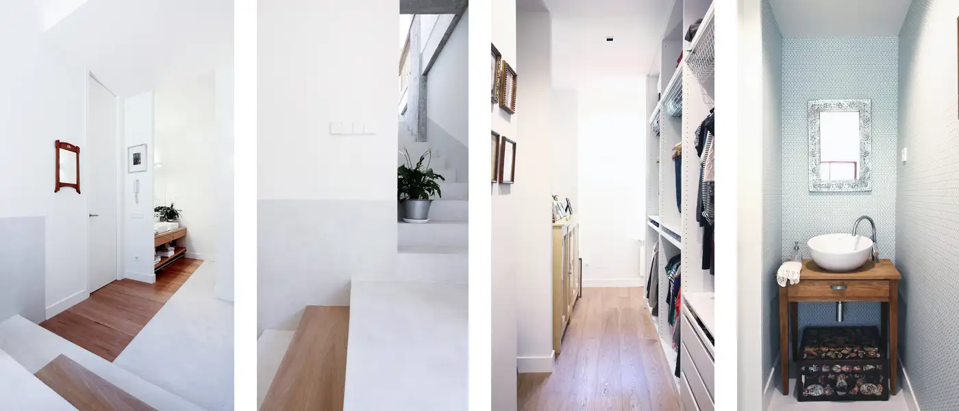 Cuatro imágenes, interior de vivienda. Vista de escalera en tonos claros con detalles en madera.