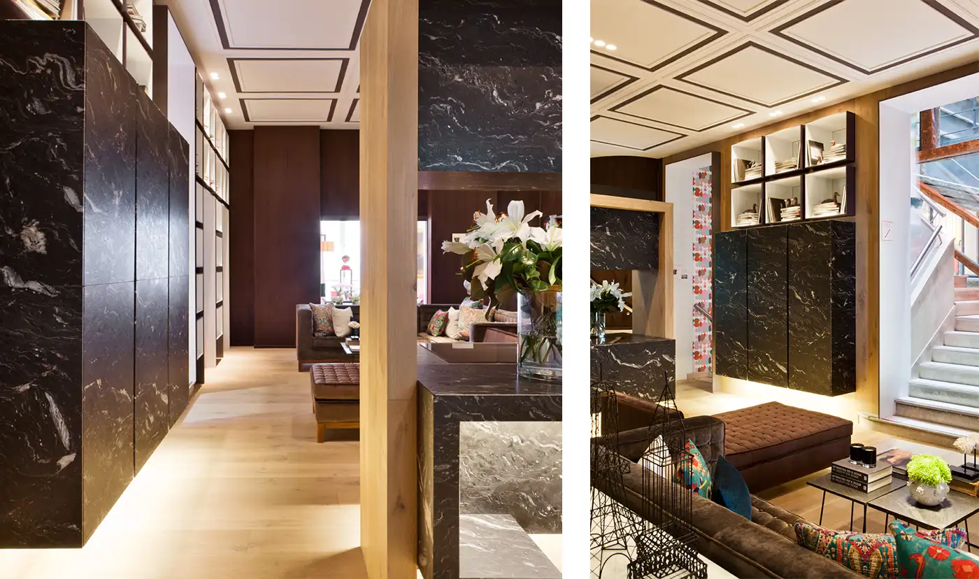 Detalle de dos imágenes de mueble de madera con acabados en marmol negro.